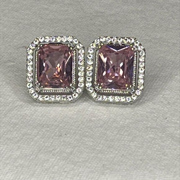 Topaz earrings, 925 sterling silver, pale pink, classic halo emerald cut. - Picture 3 of 16